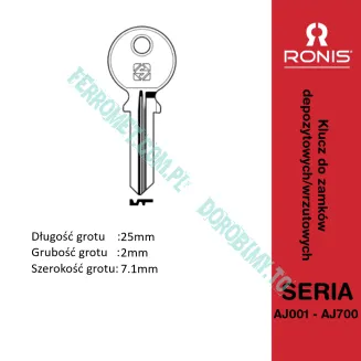 Klucze serii AJ001-AJ700 wykonywane są na profilu SILCA KEY2 stosowanym w zamkach monetowych i depozytowych RONIS Omega.

Parametry klucza:

Długość grotu: 25 mm
Szerokość grotu: 7,1 mm
Grubość grotu: 2 mm
Profil: SILCA KEY2
Seria kodów: AJ001-AJ700

Przed zamówieniem należy sprawdzić numer wybity na kluczu lub wkładce zamka, np. AJ062, AJ145 lub AJ378, a następnie wybrać odpowiedni kod podczas składania zamówienia.